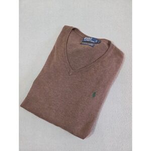 Polo Ralph Lauren V-Neck Sweater Brown Cotton Cashmere Blend Green Pony Logo L